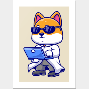 Cute Shiba Inu Dog Proffesor With Laptop Cartoon Posters and Art